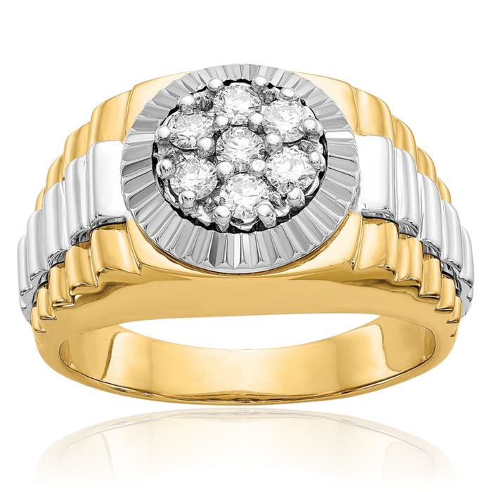 14K Solid Two Tone Gold Lab Diamond Ridged Sides Mens Ring
