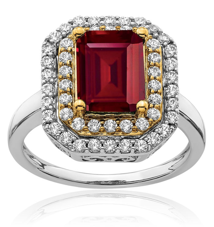 14K Solid Two Tone Gold Lab Diamond Red Ruby Ring July Birthstone Jewelry