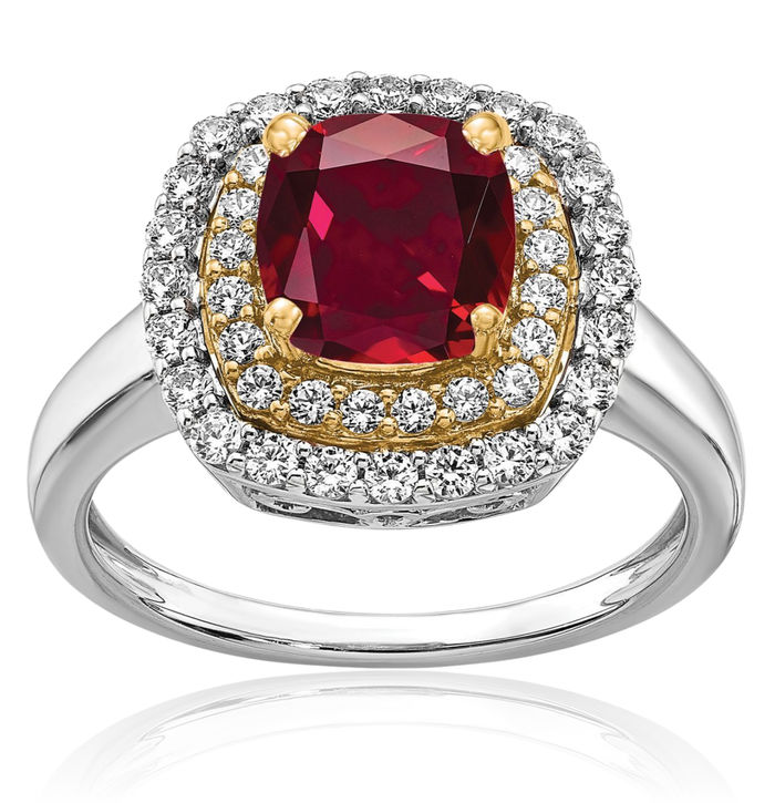 14K Solid Two Tone Gold Lab Diamond Red Ruby Ring July Birthstone Jewelry