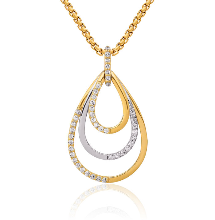 14K Solid Two Tone Gold Diamond Triple Teardrop Necklace Pear Pendant Charm