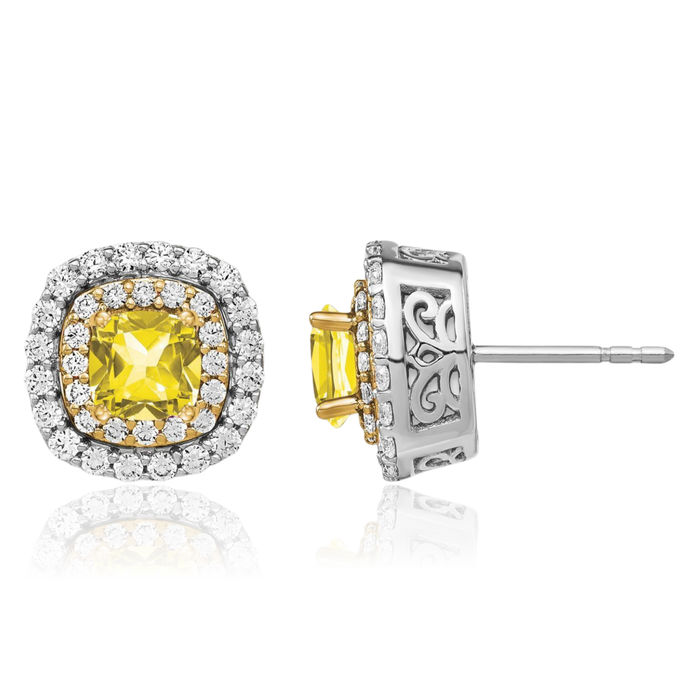 14K Solid Two Tone Gold Lab Diamond Yellow Sapphire Studs Gemstone Earrings November Birthstone Jewelry