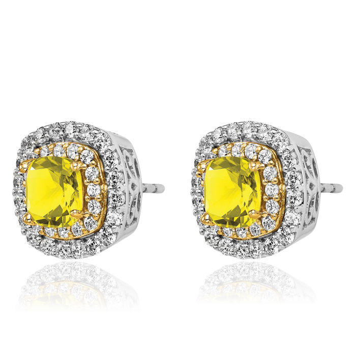 14K Solid Two Tone Gold Lab Diamond Yellow Sapphire Studs Gemstone Earrings November Birthstone Jewelry