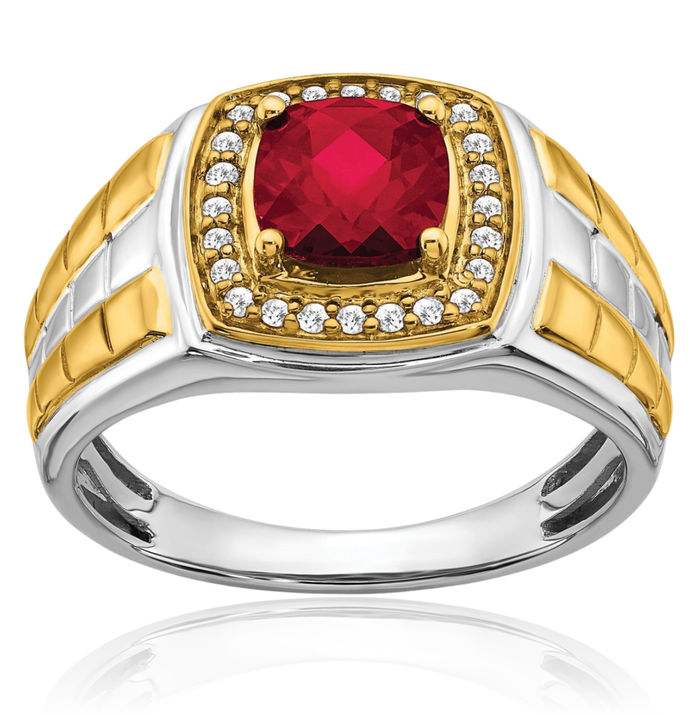 14K Solid Two Tone Gold Lab Red Ruby Diamond Mens Ring