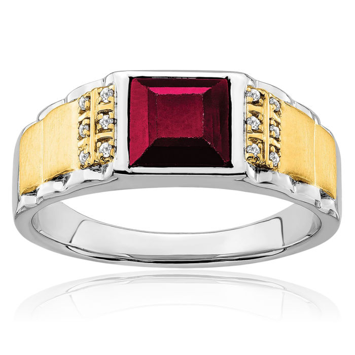 14K Solid Two Tone Gold Lab Red Ruby Diamond Mens Ring