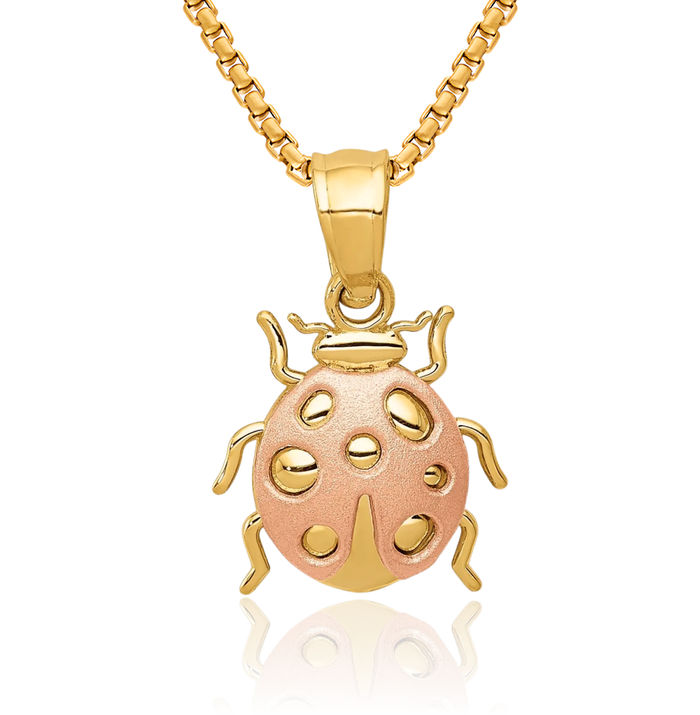 14K Solid Two Tone Gold Ladybug Necklace Chain Pendant Charm