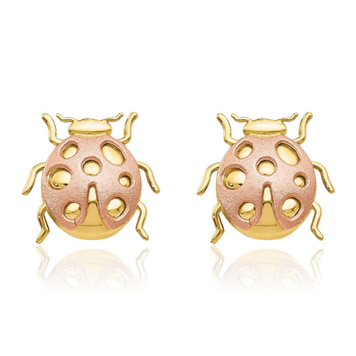 14K Solid Two Tone Gold Ladybug Stud Earrings
