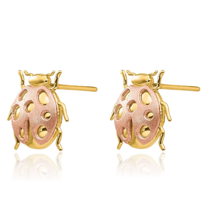 14K Solid Two Tone Gold Ladybug Stud Earrings