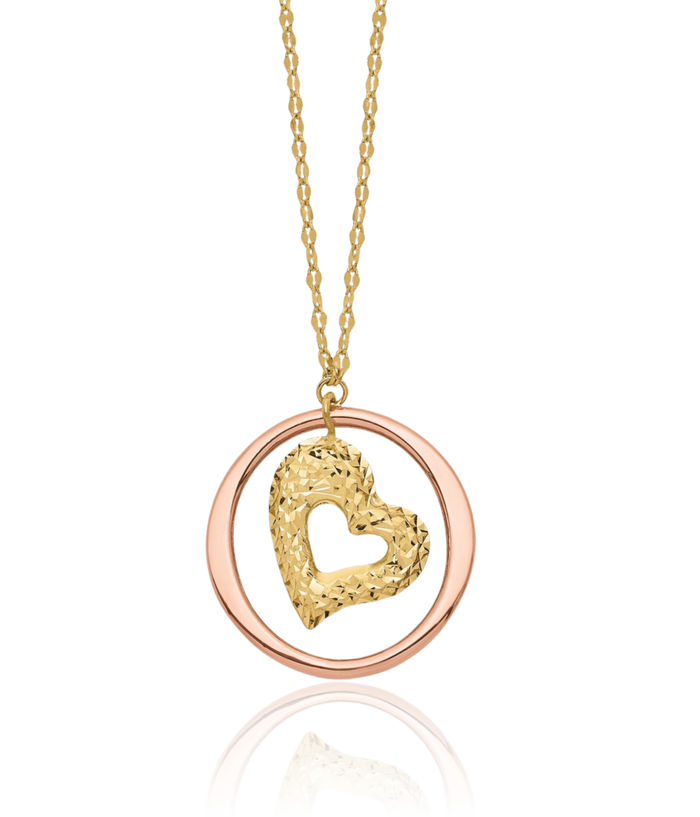 14K Solid Two Tone Gold Link Heart Circle Round Chain Necklace