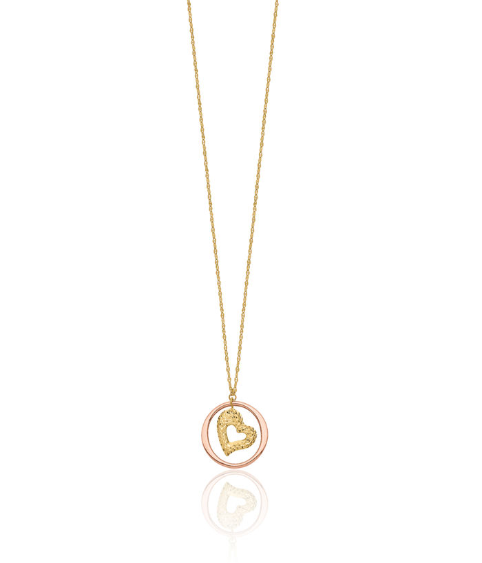 14K Solid Two Tone Gold Link Heart Circle Round Chain Necklace