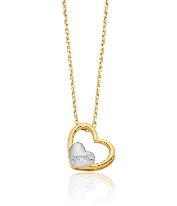 14K Solid Two Tone Yellow White Gold Love Heart Necklace Chain