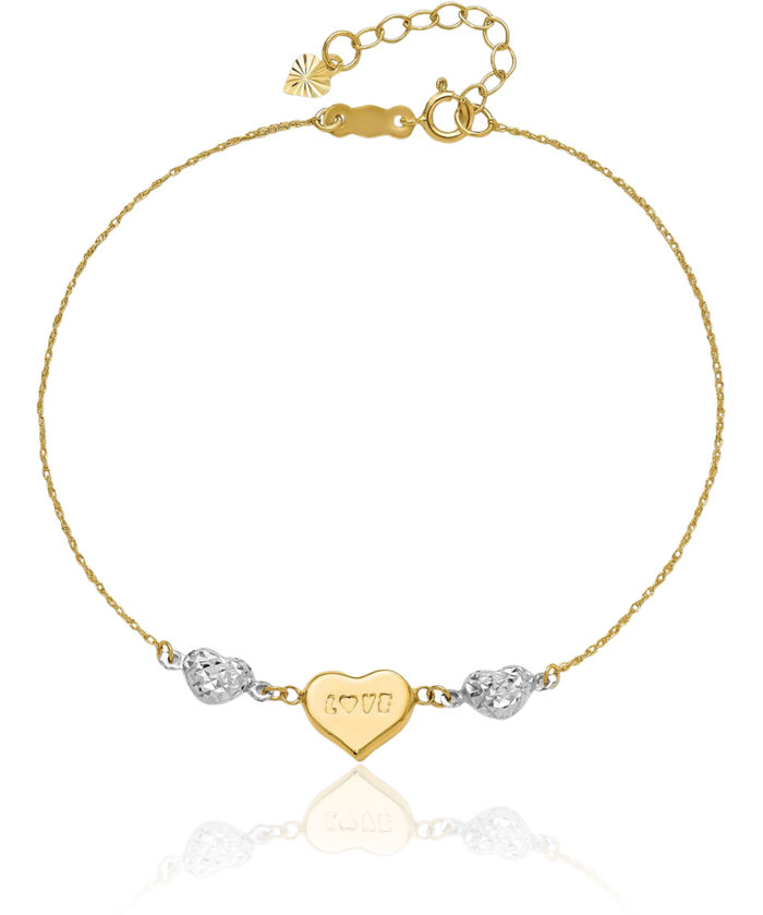 14K Solid Two Tone Gold Love Heart Chain Charm Bracelet