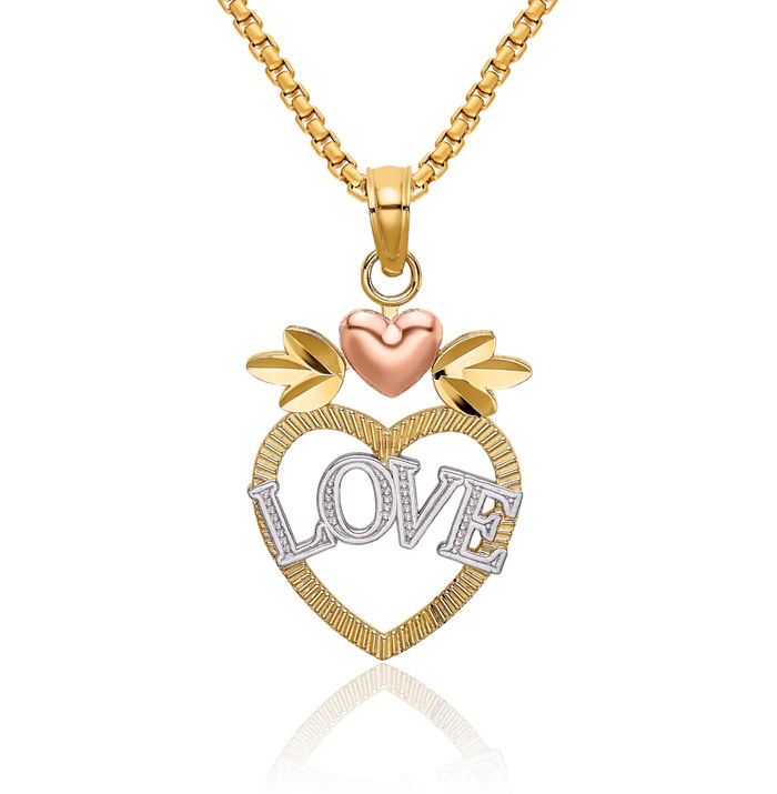 14K Solid Two Tone Gold White Love Heart Necklace Chain Pendant Charm