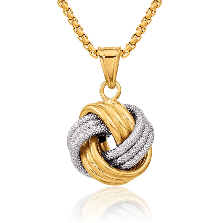 14K Solid Two Tone Gold Love Knot Necklace Chain Pendant Charm