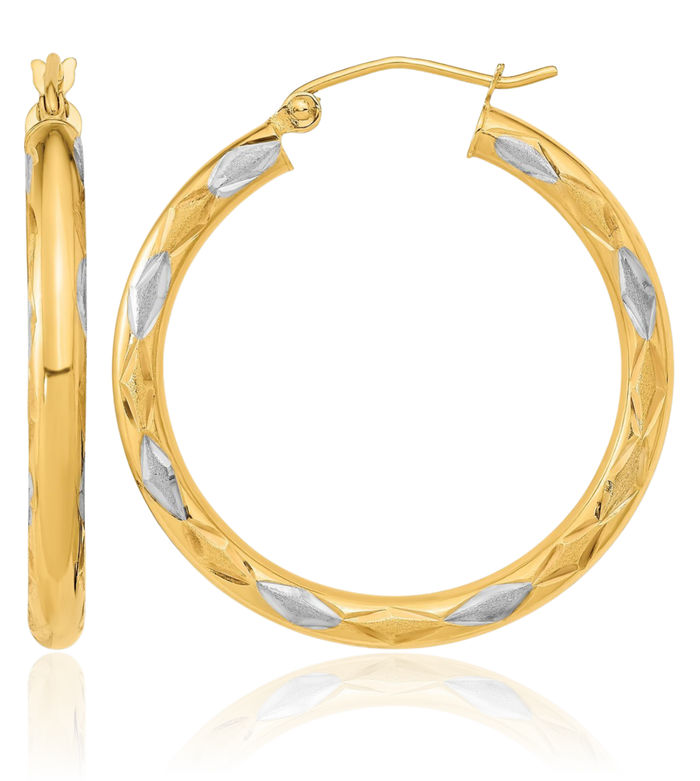 14K Solid Two Tone Yellow White Gold Medium Hoop Earrings