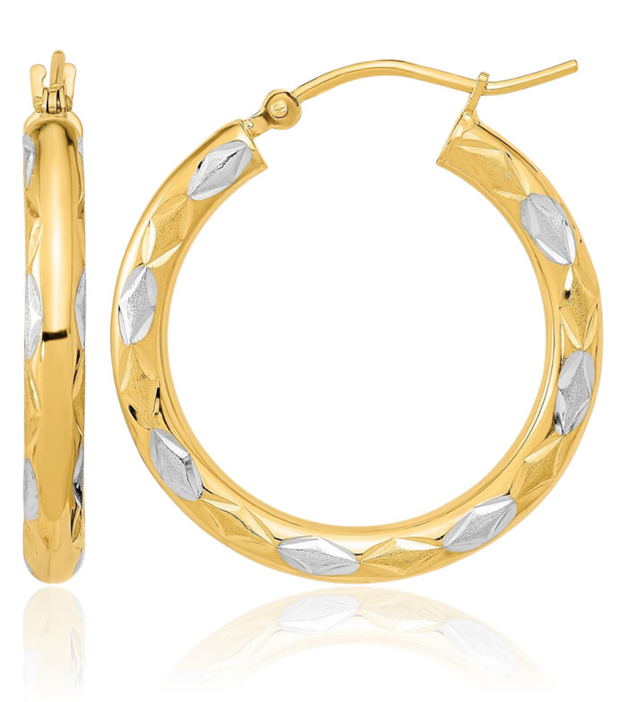 14K Solid Two Tone Yellow White Gold Medium Hoop Earrings