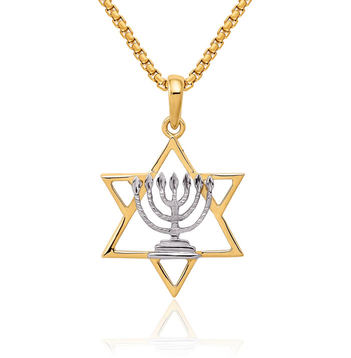 14K Solid Two Tone Yellow White Gold Menorah Star of David Jewish Magen Necklace Judaica Religious Chain Pendant Israel Charm