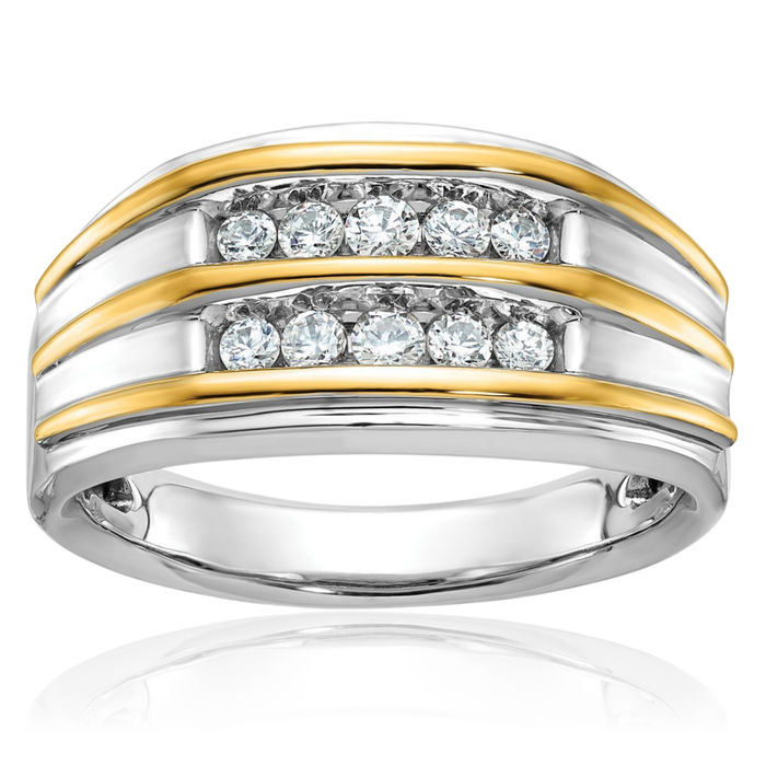 14K Solid Two Tone Gold Mens 2 Row Diamond Wedding Band Ring