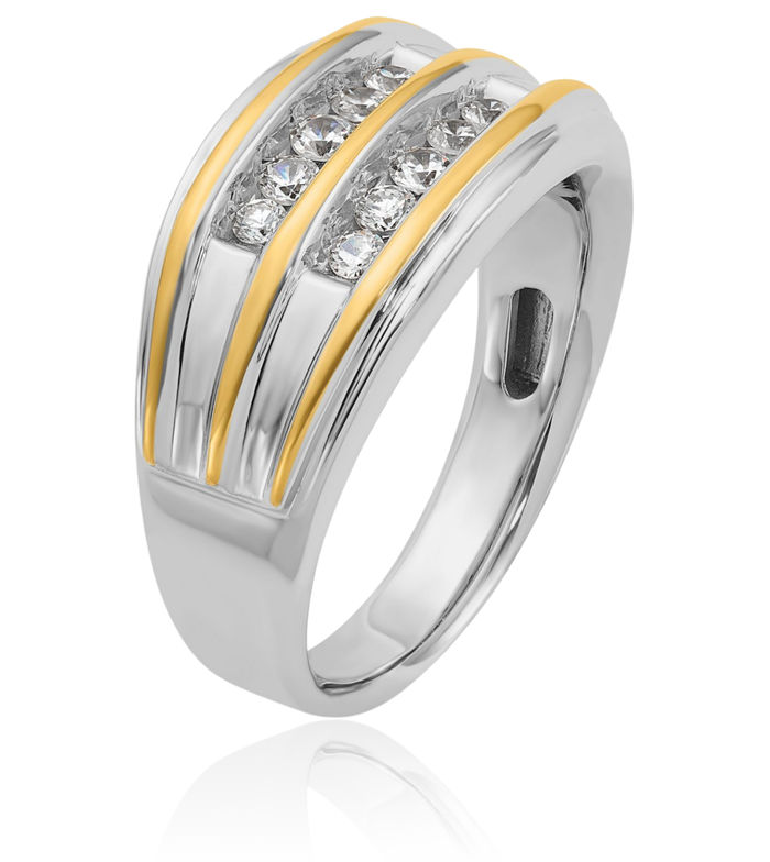 14K Solid Two Tone Gold Mens 2 Row Diamond Wedding Band Ring