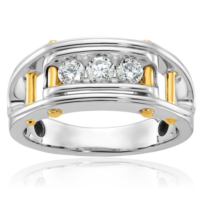 14K Solid Two Tone Gold Mens 3 Stone Diamond Statement Ring