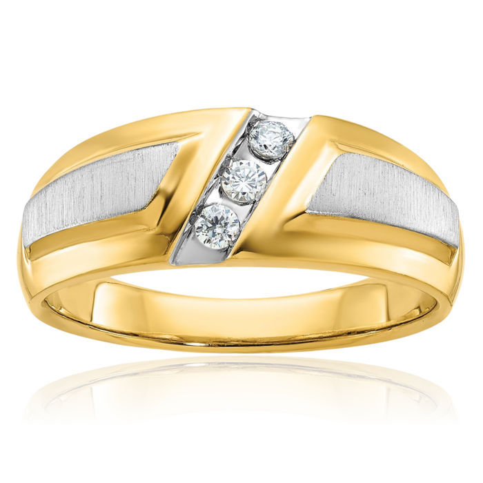 14K Solid Two Tone Gold Mens 3 Stone Diamond Wedding Band Statement Ring