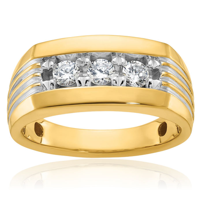 14K Solid Two Tone Yellow White Gold Mens 3 Stone Diamond Wedding Band Statement Ring