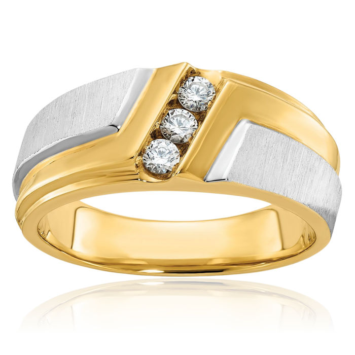 14K Solid Two Tone Gold Mens 3 Stone Diamond Wedding Band Statement Ring