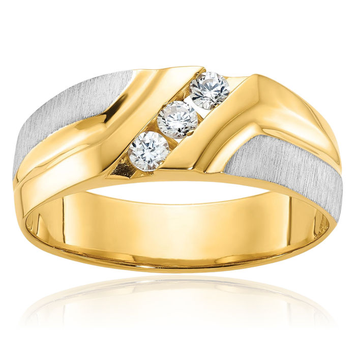 14K Solid Two Tone Gold Mens 3 Stone Diamond Wedding Band Statement Ring