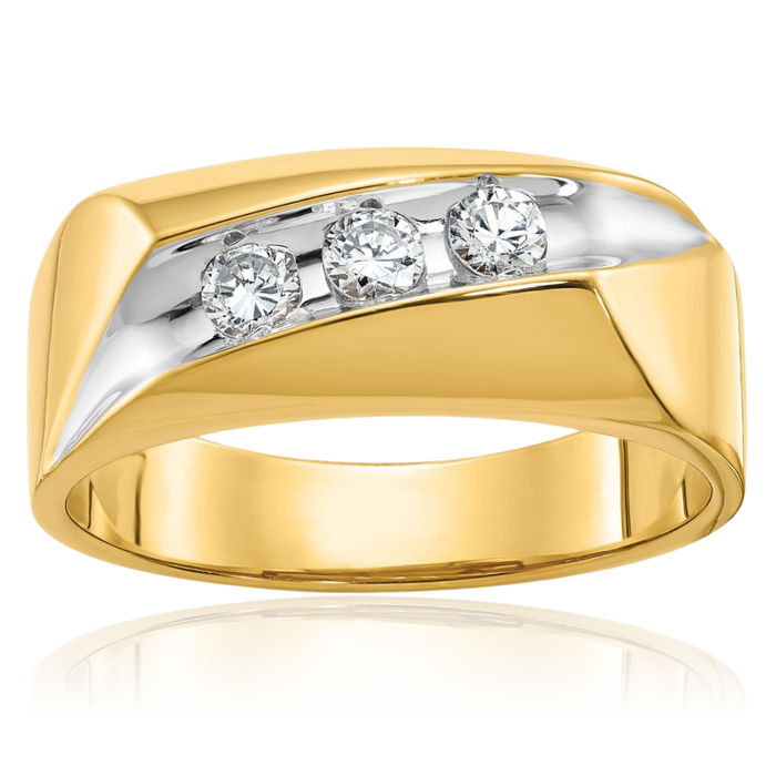 14K Solid Two Tone Yellow White Gold Mens 3 Stone Diamond Wedding Band Statement Ring