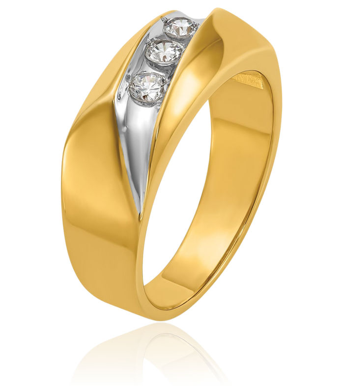 14K Solid Two Tone Yellow White Gold Mens 3 Stone Diamond Wedding Band Statement Ring