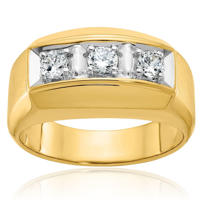 14K Solid Two Tone Gold Mens 3 Stone Diamond Wedding Band Statement Ring