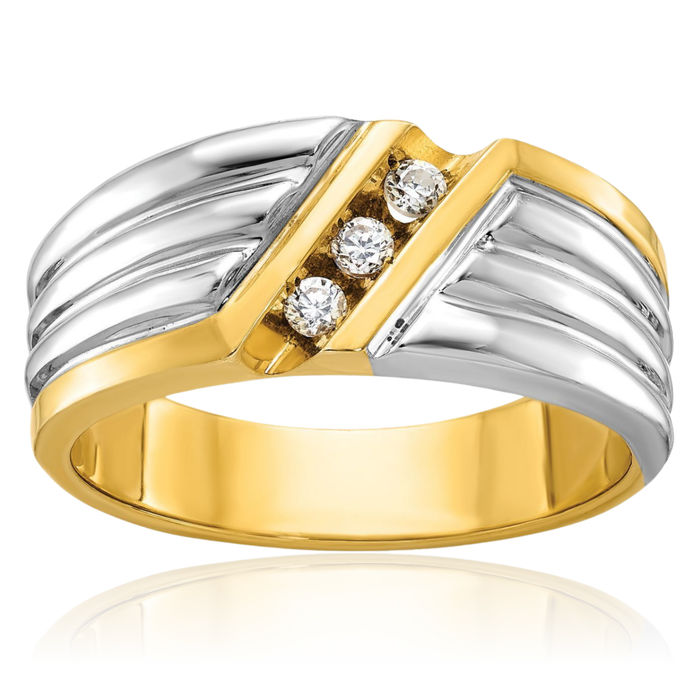 14K Solid Two Tone Gold Mens 3 Stone Diamond Wedding Band Statement Ring