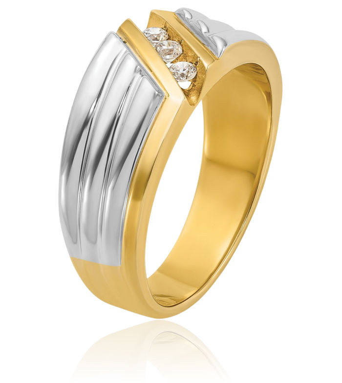 14K Solid Two Tone Gold Mens 3 Stone Diamond Wedding Band Statement Ring