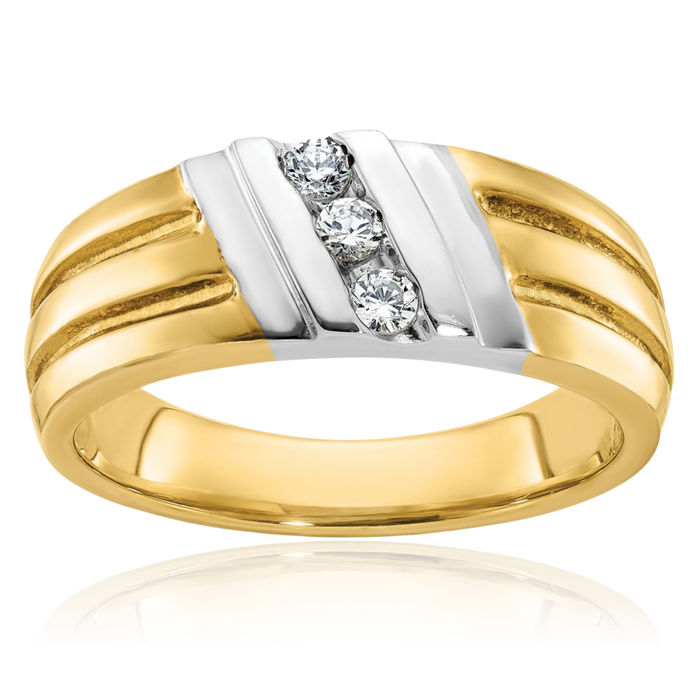 14K Solid Two Tone Gold Mens 3 Stone Diamond Wedding Band Statement Ring