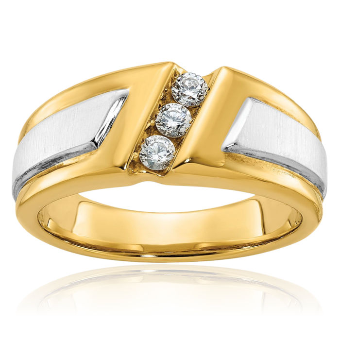 14K Solid Two Tone Gold Mens 3 Stone Diamond Wedding Band Statement Ring