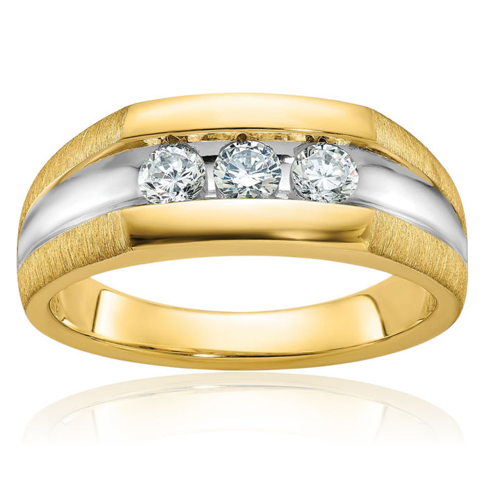 14K Solid Two Tone Yellow White Gold Mens 3 Stone Diamond Wedding Band Ring