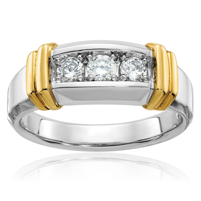 14K Solid Two Tone Gold Mens 3 Stone Diamond Wedding Band Ring