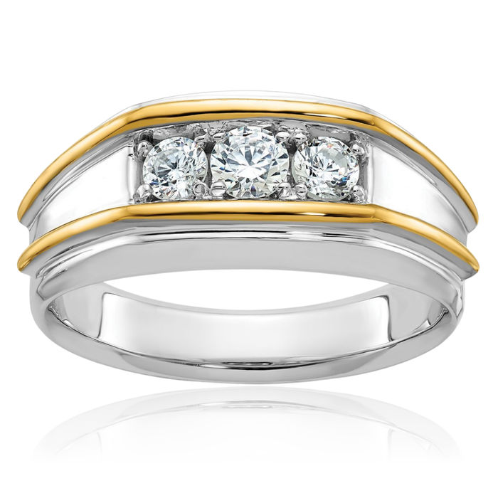 14K Solid Two Tone Gold Mens 3 Stone Diamond Wedding Band Ring