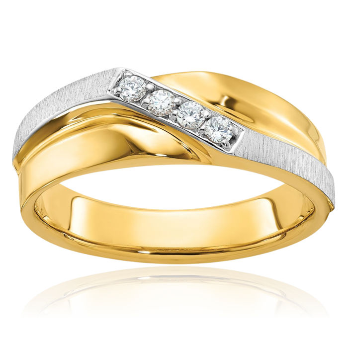 14K Solid Two Tone Gold Mens 4 Stone Diamond Wedding Band Statement Ring