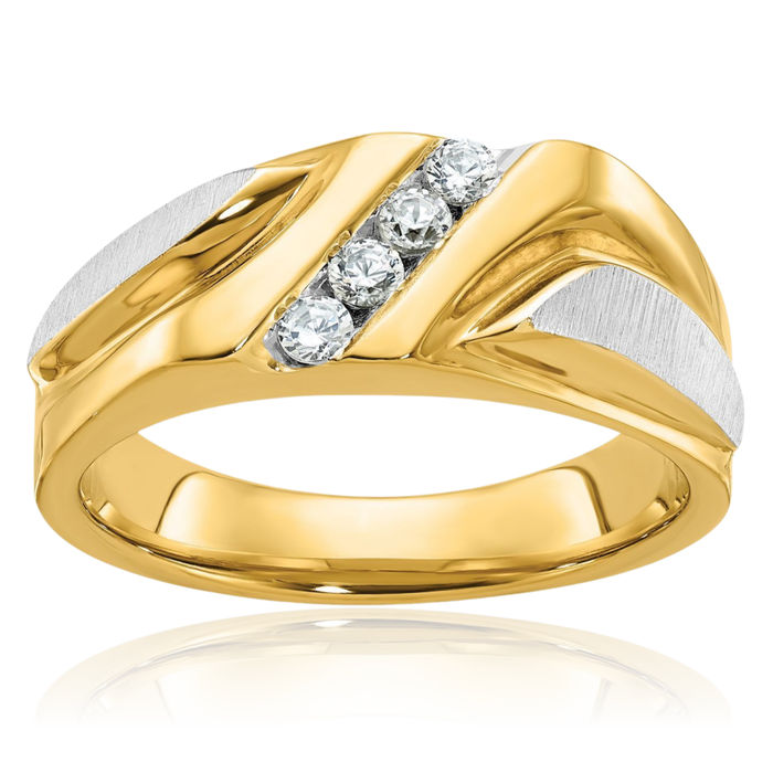 14K Solid Two Tone Gold Mens 4 Stone Diamond Wedding Band Statement Ring