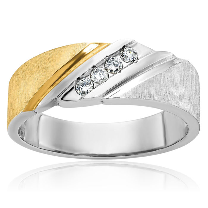 14K Solid Two Tone Gold Mens 4 Stone Diamond Wedding Band Statement Ring