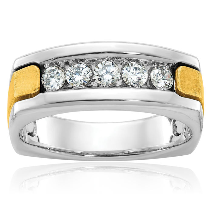 14K Solid Two Tone Gold Mens 5 Stone Diamond Square Wedding Band Statement Ring