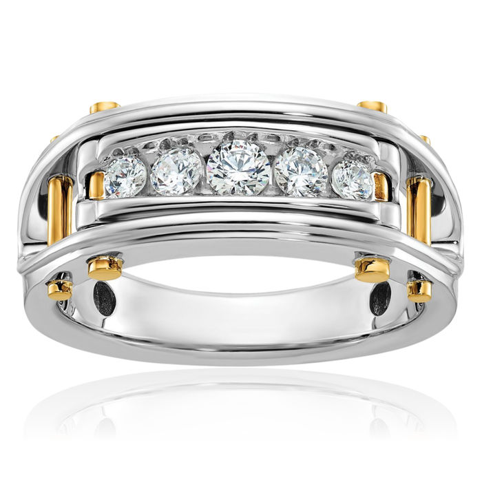 14K Solid Two Tone Gold Mens 5 Stone Diamond Statement Ring