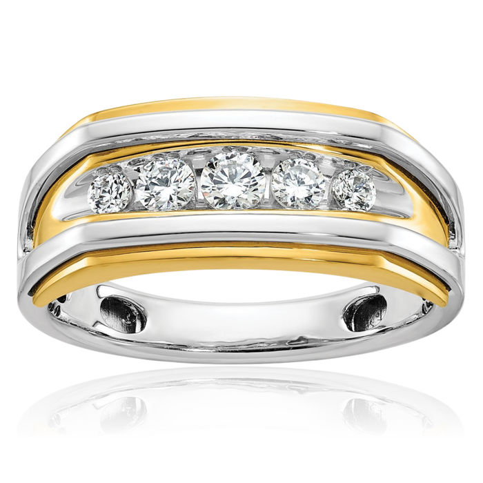 14K Solid Two Tone Gold Mens 5 Stone Diamond Statement Ring