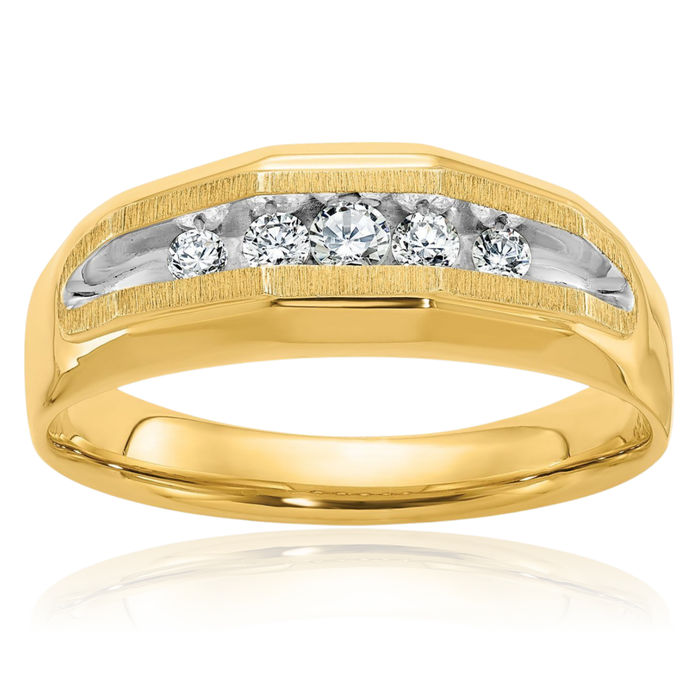 14K Solid Two Tone Yellow White Gold Mens 5 Stone Diamond Statement Ring