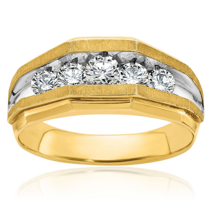 14K Solid Two Tone Yellow White Gold Mens 5 Stone Diamond Statement Ring