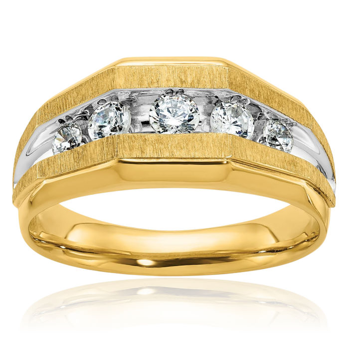 14K Solid Two Tone Yellow White Gold Mens 5 Stone Diamond Statement Ring