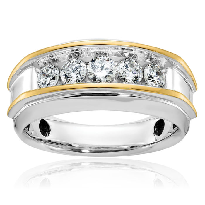 14K Solid Two Tone Gold Mens 5 Stone Diamond Wedding Band Statement Ring