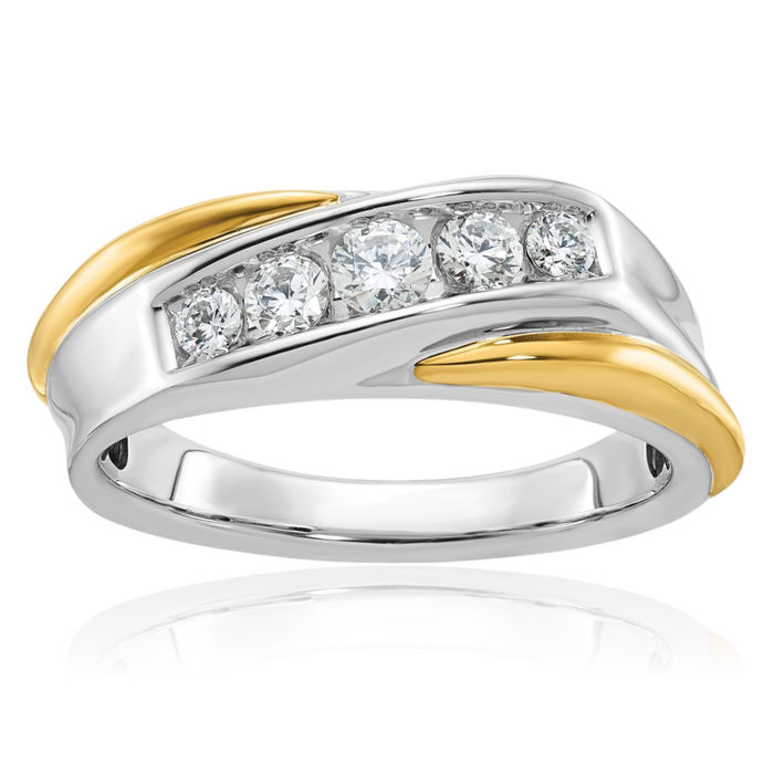 14K Solid Two Tone Gold Mens 5 Stone Diamond Wedding Band Statement Ring