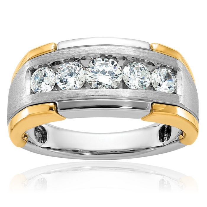 14K Solid Two Tone Gold Mens 5 Stone Diamond Wedding Band Statement Ring