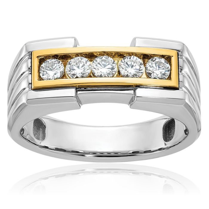 14K Solid Two Tone Gold Mens 5 Stone Diamond Wedding Band Statement Ring